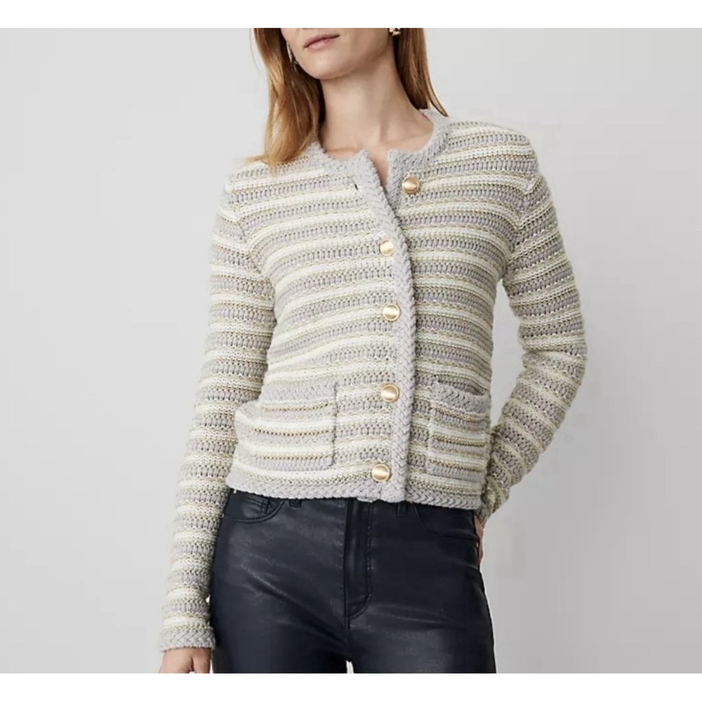 Ann Taylor Size M Lurex Tweed Jacket Cardigan Grey Cream Stripe Gold Buttons NWT